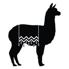 Naklejka premium A black llama with patterned blanket is depicted as a striking silhouette