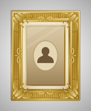 Ornate golden picture frame vector illustration featuring an empty portrait silhouette placeholder, classic vintage border decorations, and metallic antique texture.