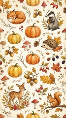 Naklejka premium Cozy Woodland Autumn Animals Seamless Pattern