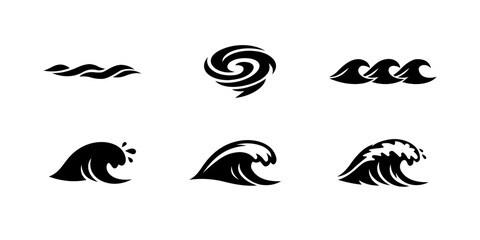 Obraz premium Black ocean wave icons featuring minimalist graphic designs for various summer branding projects and creative digital media elements