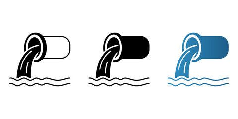 Obraz premium Industrial wastewater pipe drainage icons showing fluid pouring into water represented in minimalist outline solid and blue vector graphic styles