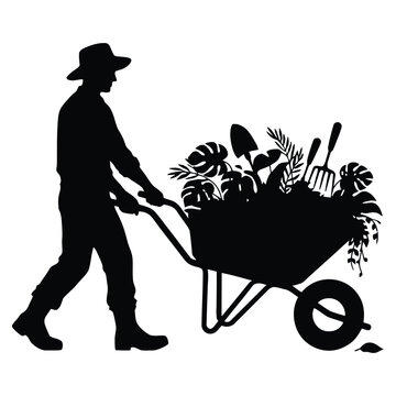 Gardener pushing wheelbarrow filled with plants and tools black silhouette gardening