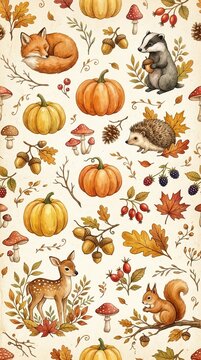 Cozy Woodland Autumn Animals Seamless Pattern