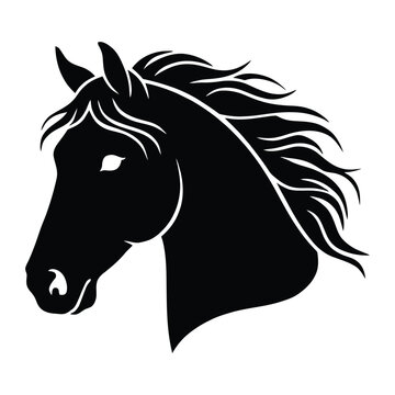 A detailed horse head portrait is rendered as a striking black silhouette