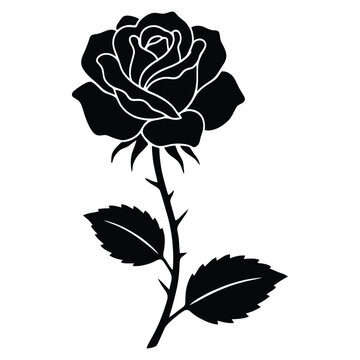 A detailed black rose with stem and leaves is presented as a silhouette