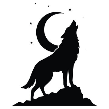 A howling wolf stands on a rocky hill beneath a crescent moon silhouette