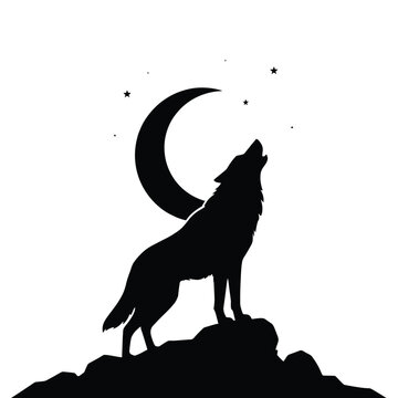 A howling wolf stands atop a rocky hill under a crescent moon silhouette