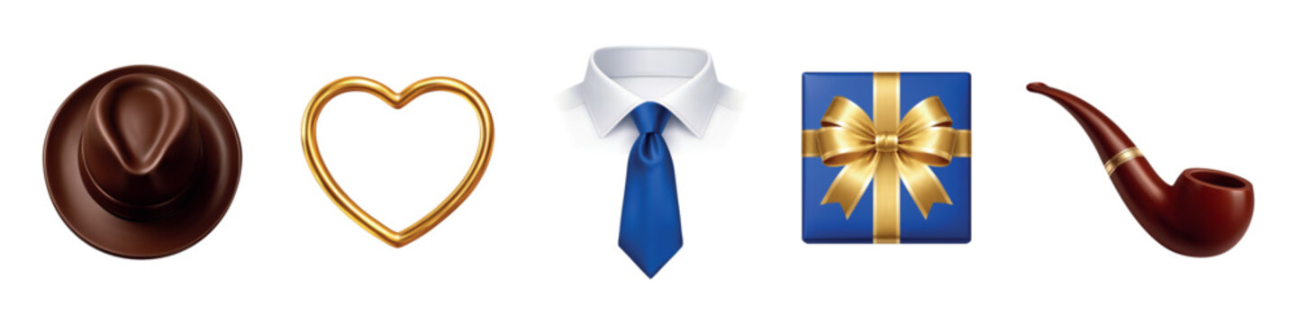 Father Day icon set with hat, heart, tie, gift box and pipe. Realistic Father Day symbols for greeting designs