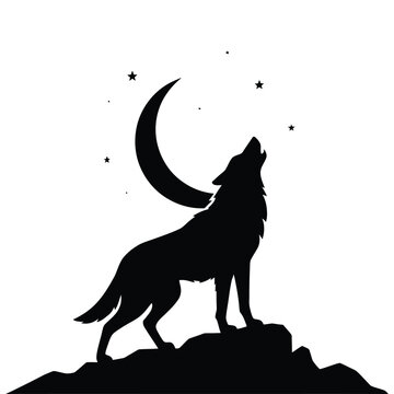 A howling wolf stands on a rocky hill beneath a crescent moon silhouette
