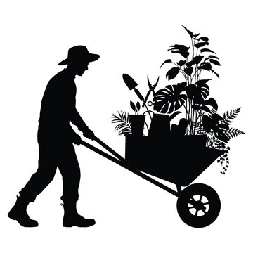 Gardener pushing wheelbarrow filled with plants and tools black silhouette gardening