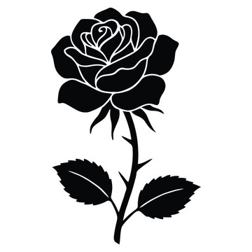 A detailed rose bloom with stem and leaves is shown as a silhouette