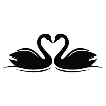 Two swans forming a heart shape a black and white silhouette