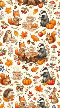 Cozy Woodland Autumn Animals Seamless Pattern