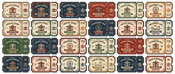 Fototapeta premium Vintage Carnival Tickets Collection Isolated Transparent Background Amusement Fair