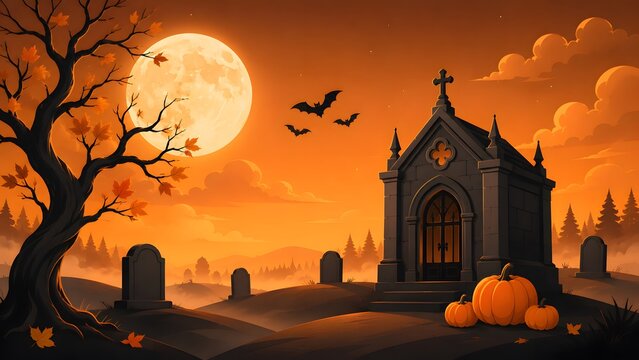 Spooky halloween graveyard scene with a large full moon silhouettes of bats and orange glowing sunset sky