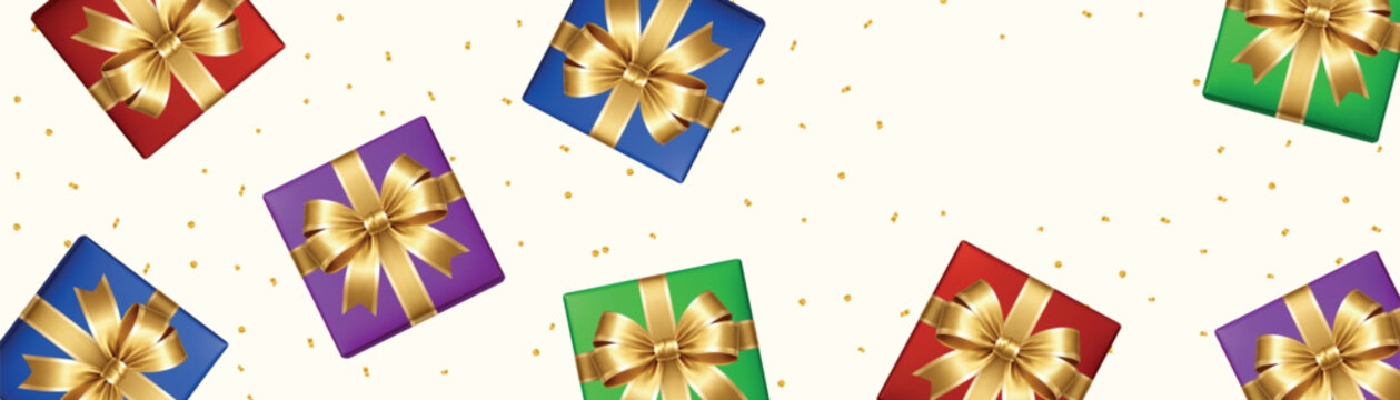 Colorful gift box seamless background with golden confetti. Festive celebration pattern for holidays and events