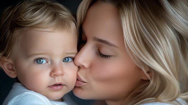 Blonde woman cuddles a young child then kisses their cheek in an intimate close portrait against a dark background