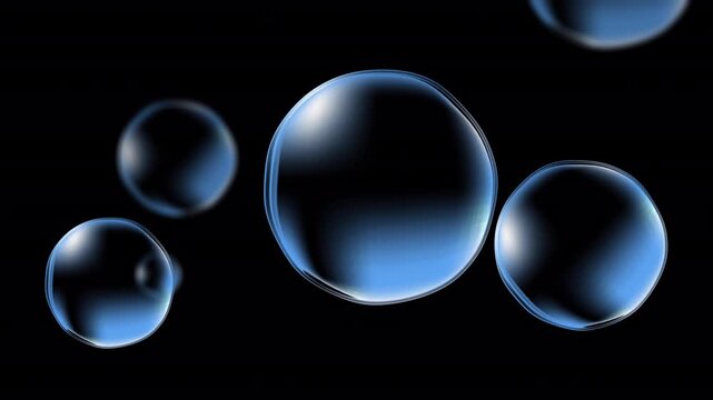 4K animation of transparent blue water bubbles floating and moving across a black background, seamless loop