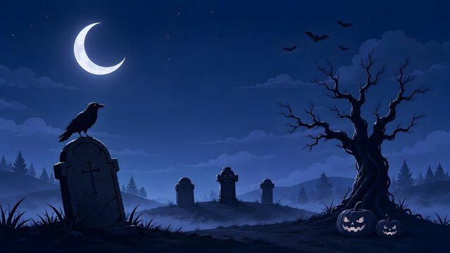 Spooky halloween graveyard scene featuring a perched crow on a tombstone under a bright crescent moon night
