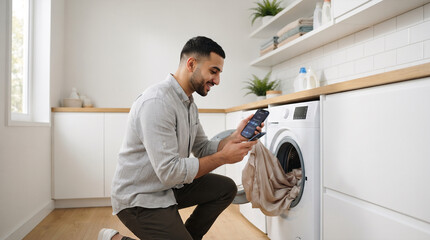 Obraz premium Man using smartphone to control washing machine in modern laundry room