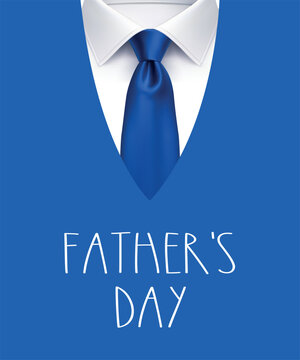 Fathers Day blue necktie and shirt collar greeting card with elegant handwritten typography on blue background