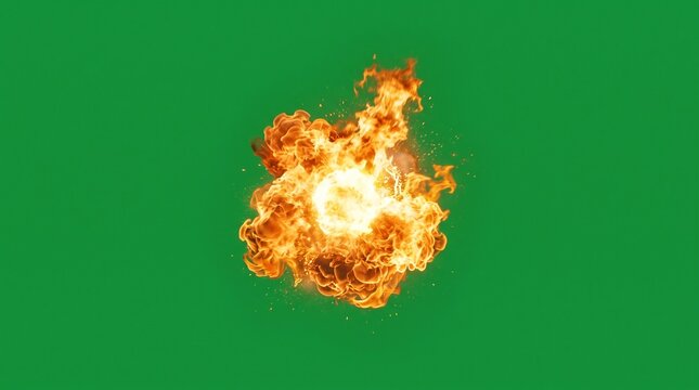 Fire explosions on green screen, orange flames and fireballs for VFX, combustion effects, hot fire burst visuals, green screen explosions