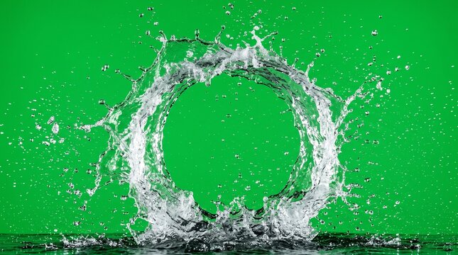 Water splash circle o-ring shape on green screen background. Liquid splash ring crown. Wet drop droplet liquid wave. Green screen chroma key alpha background.