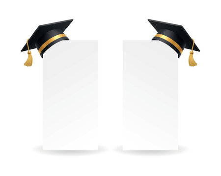 Graduation caps on vertical blank banners with copy space. Realistic 3D education template