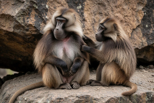 Two gelada baboons sit on rocks in Africa. Large male primate with thick fur receives grooming from female. Wild monkey couple bond in natural habitat. Mammal species shows social behavior near