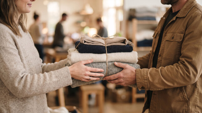 Couple exchanging stack of folded clothing in retail store