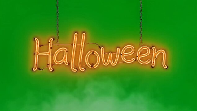 Flickering orange neon Halloween text sign hanging on green screen, tube lights glowing, slight smoke, vintage horror style, clean background for keying