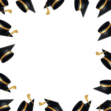 Graduation cap border frame with black mortarboards and golden tassels around copy space background
