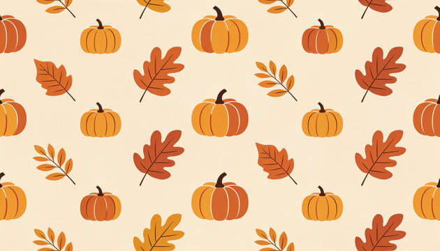 Autumn Seamless Pattern Background, Cute Orange Pumpkin Vector Art, Minimalist Fall Foliage Illustration, Cozy Thanksgiving Harvest Decor, Flat Design Oak Leaf Print, Seasonal Botanical Texture.