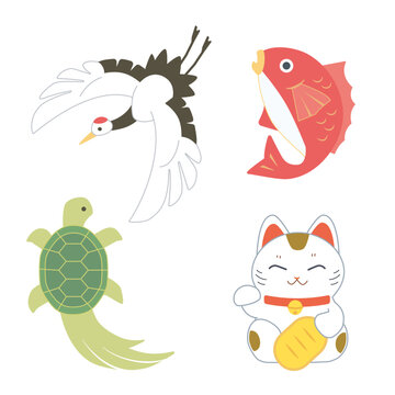 お正月の縁起物セット(動物)のイラスト