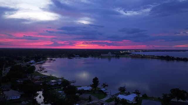  Aerial View of Lake Jackson, Sebring, Florida &mdash; Vivid Pink and Purple Sunset Over the Water