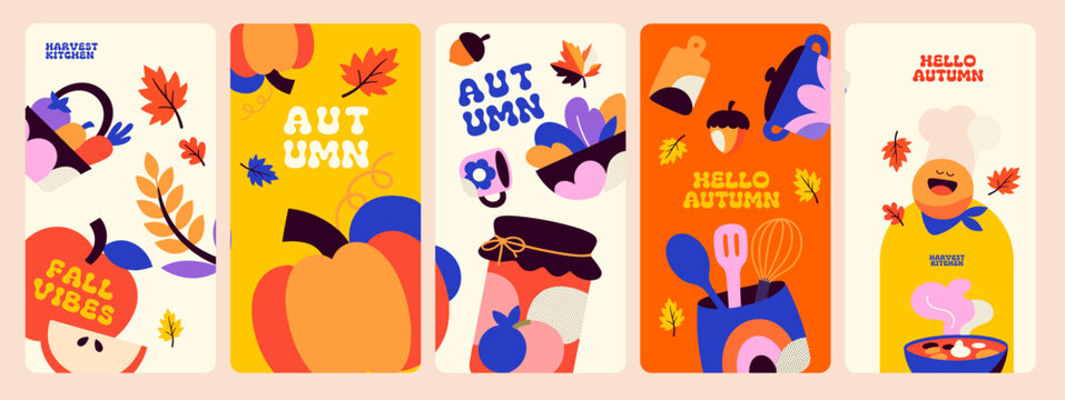 Autumn harvest kitchen design collection featuring pumpkins, falling leaves, cooking utensils and cheerful characters in bold retro poster layouts.