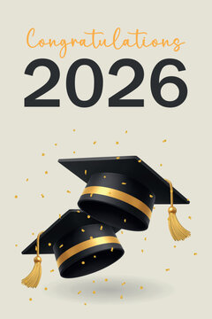 Congratulations 2026 graduation poster with floating academic caps, golden confetti and elegant celebration design