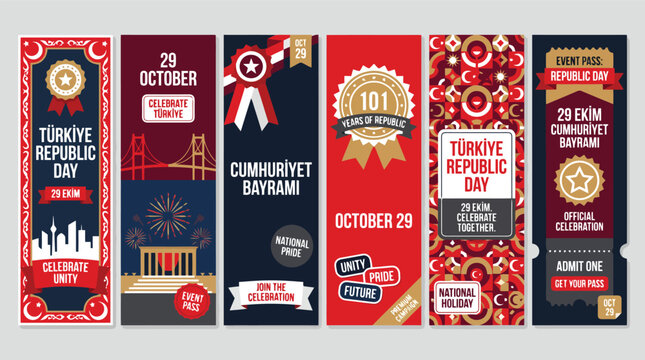 Republic Day of Turkey vertical banner set, October 29 Cumhuriyet Bayrami celebration posters, 6 national holiday social media stories