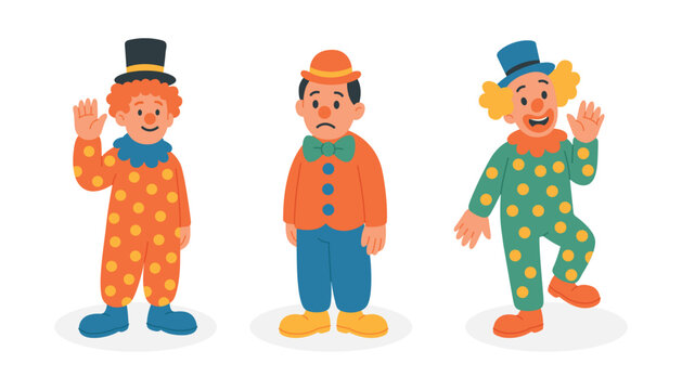 Three cute cartoon circus clowns standing in a row on white background. Flat vector collection of funny performers with varied costumes and poses