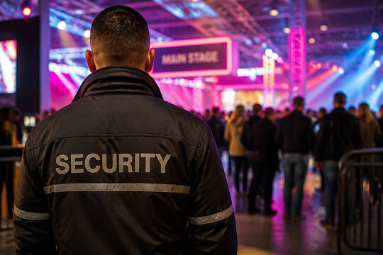 A security guard in a dark jacket stands with his back to the camera at a brightly lit indoor event or concert.