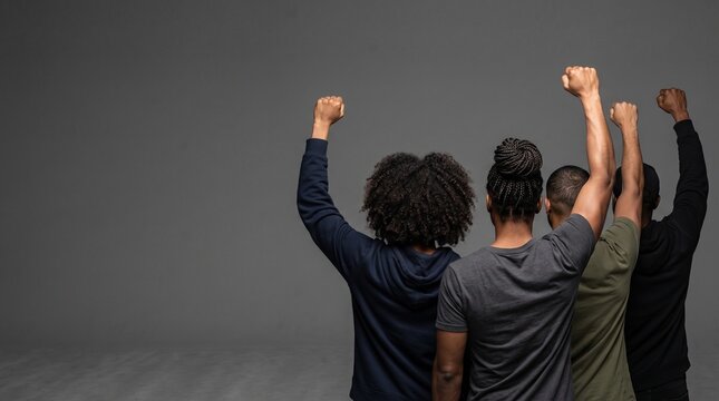 Diverse people group raised fists for social justice and unity against grey background with copy space for black lives matter protest and human rights activism movement
