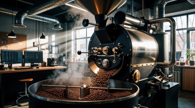 Industrial coffee roaster machine processes fresh beans in modern factory. Hot steam rises from metal drum during roasting cycle. Pro workspace features large equipment under bright sunlight for