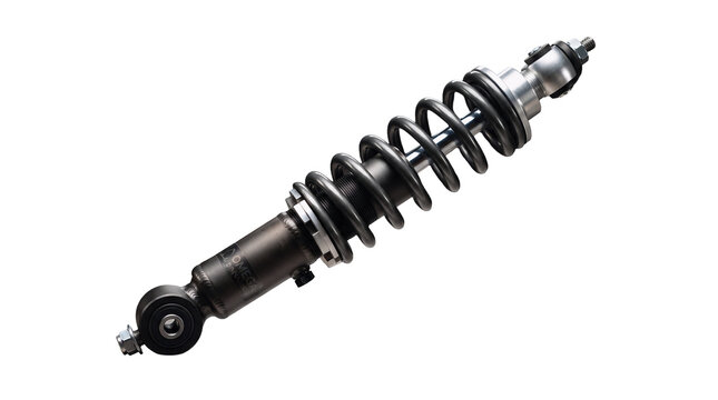 Adjustable automotive coilover suspension shock absorber isolated on transparent background