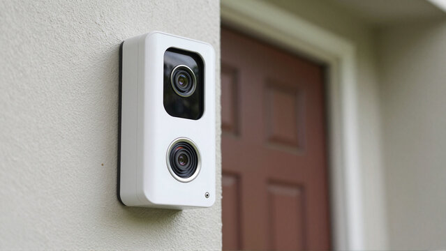 Dual lens surveillance camera mounted beside a residential front door for home security