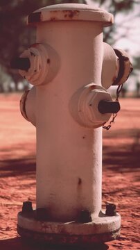 A fire hydrant is positioned on the dirt ground during midday. Shadows cast by nearby trees create patterns across the scene. The metal surfaces show signs of wear and use.