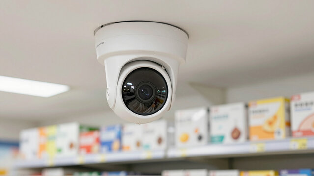 Ceiling mounted surveillance camera monitoring merchandise shelves inside a modern retail store