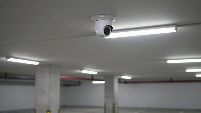 Ceiling-mounted dome surveillance camera monitoring a brightly lit modern underground parking garage