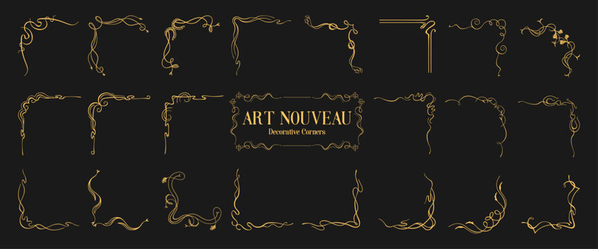 Art Nouveau ornamental corner element set. Decorative vintage floral vignette, elegant baroque border and exquisite frame for certificate, greeting card and luxury typographic design illustration