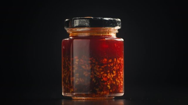 Chinese Crispy Chili Oil in Glass Jar, Homemade Chili Crisp with Garlic, Shallots and Sesame Seeds, Authentic Spicy Asian Condiment, Close Up Macro Video for Cafe and Restaurant Menu
