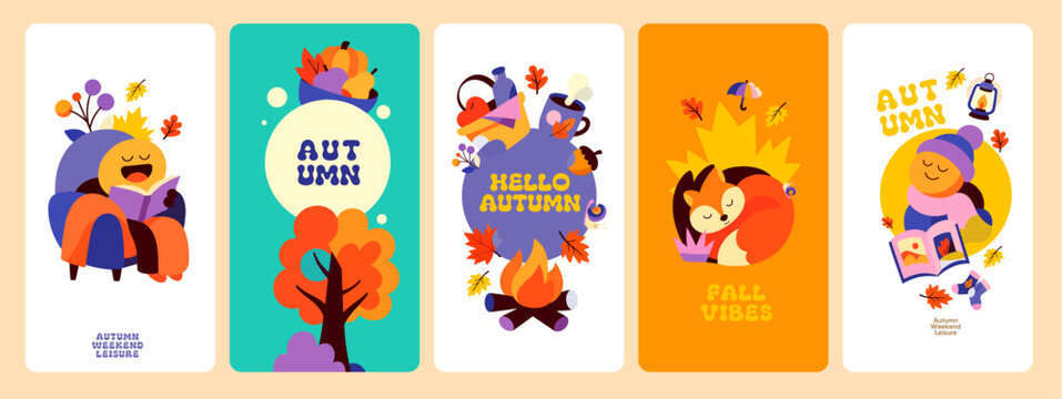 Autumn design collection shows a child reading, harvest basket, campfire, sleeping fox, and seasonal lettering framed by falling leaves.